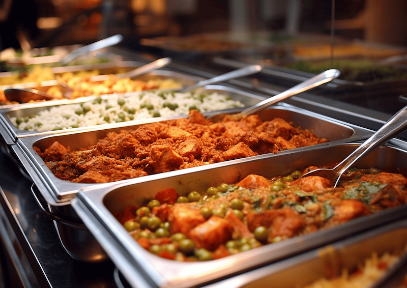 Festive catering setup with guests